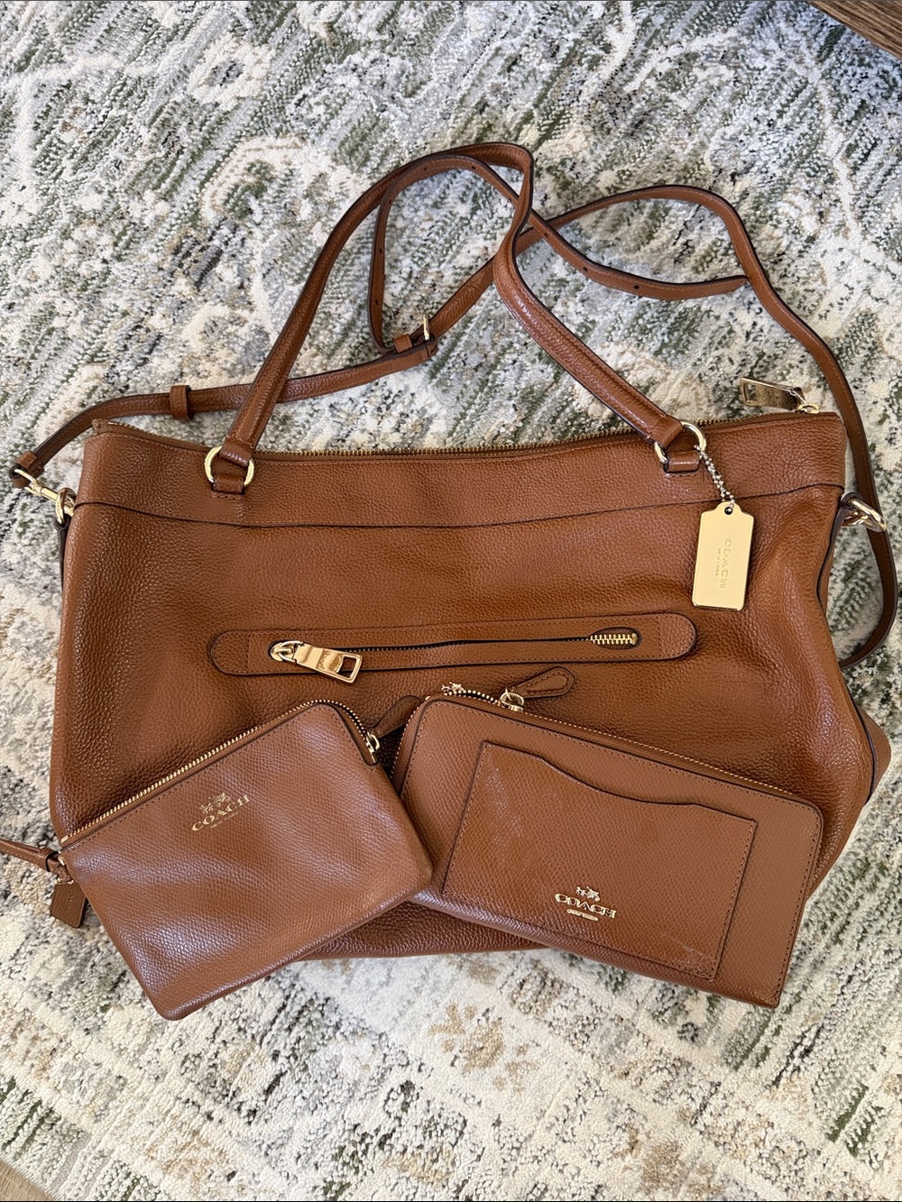 Coach Cognac Brown Pebbled Leather Tote with Matching Pouches